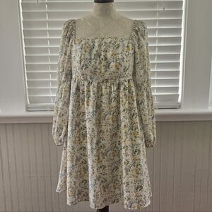 Square-Neck Long Sleeve Floral Mini Dress - Cream with Yellow & Green